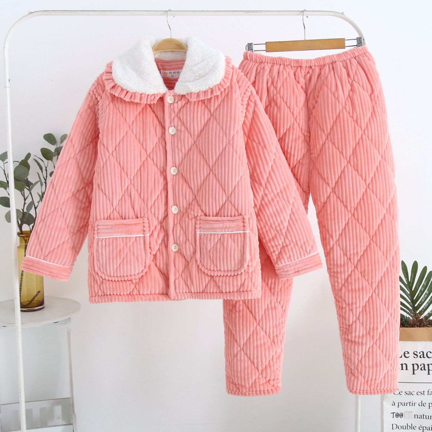 HOOR Thickened warm Nightsuit Pink Striped Fur Collar A