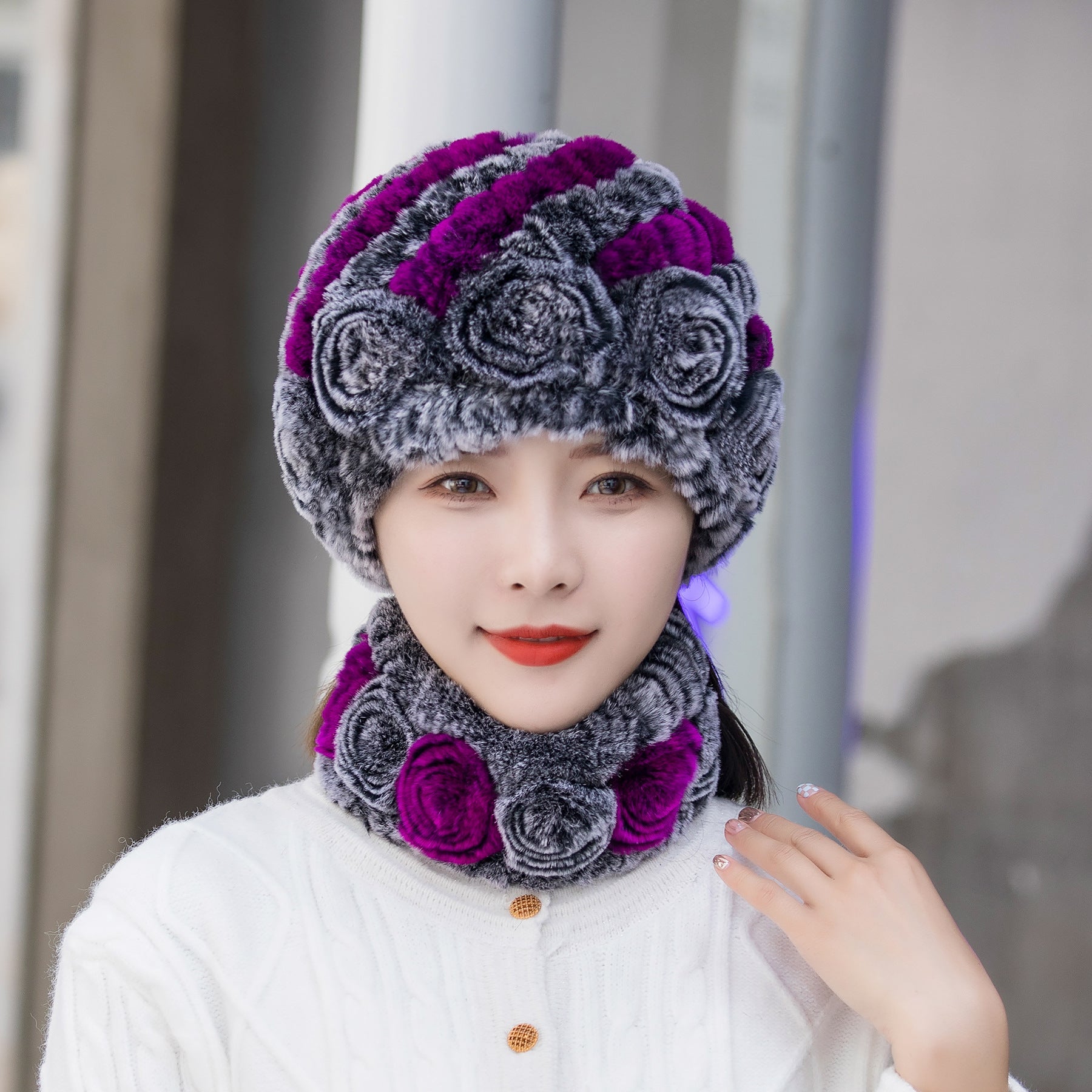 HOOR Winter Warm Fur Hat Scarf Black Cream Purple Hat And Scarf Free Size