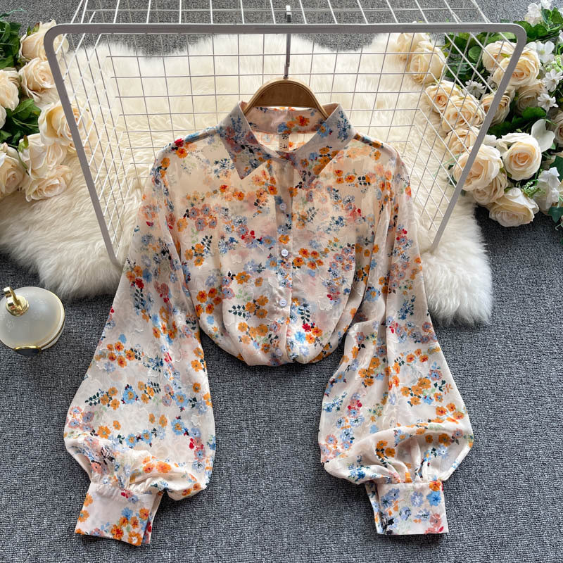 HOOR Long Sleeve Printed Shirt Apricot bottom blue flower One size