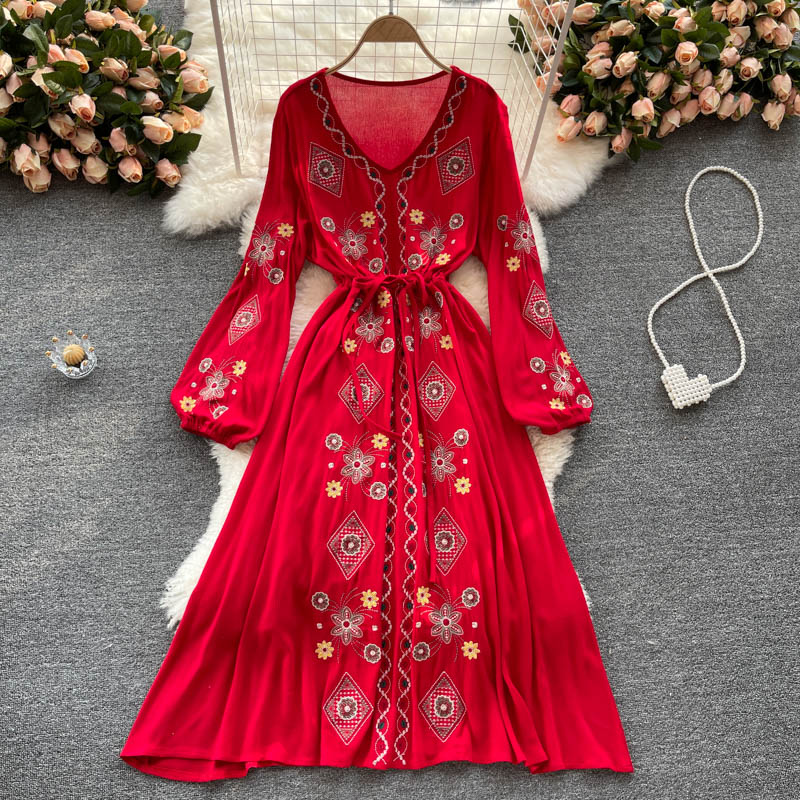 HOOR Retro Ethnic Dress Red One size