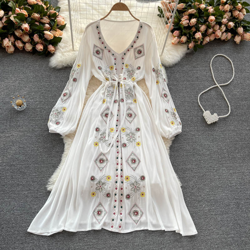 HOOR Retro Ethnic Dress White One size
