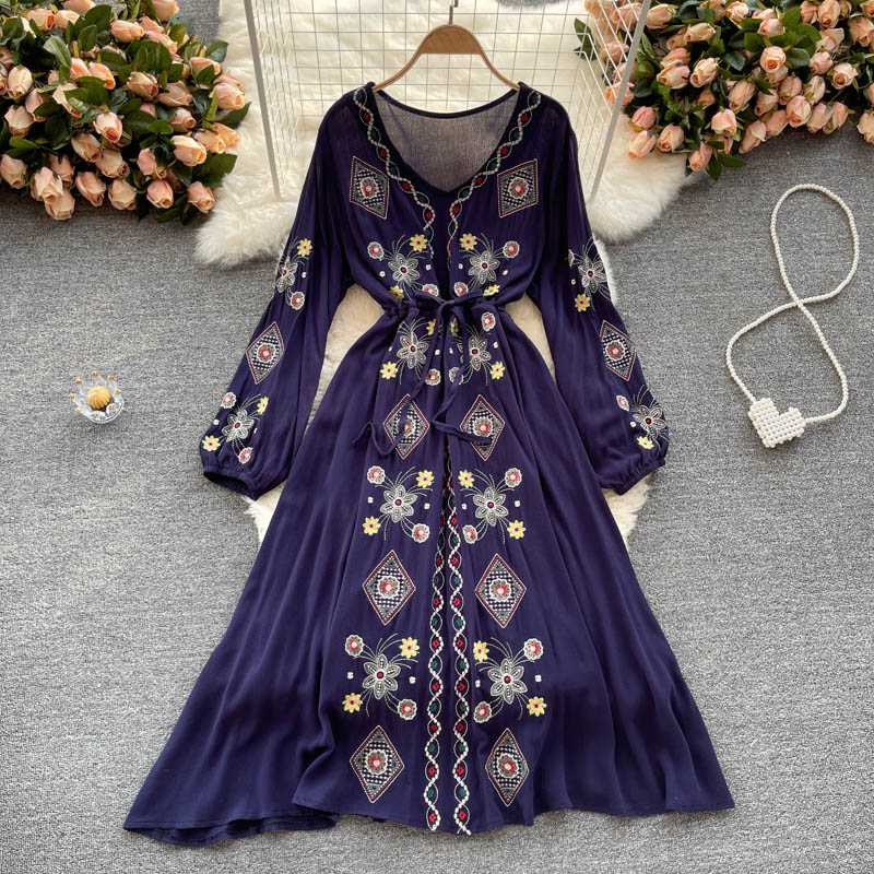 HOOR Retro Ethnic Dress Dark Blue One size