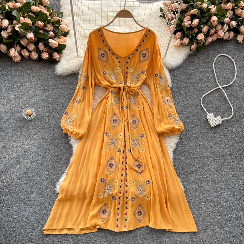 HOOR Retro Ethnic Dress Yellow One size