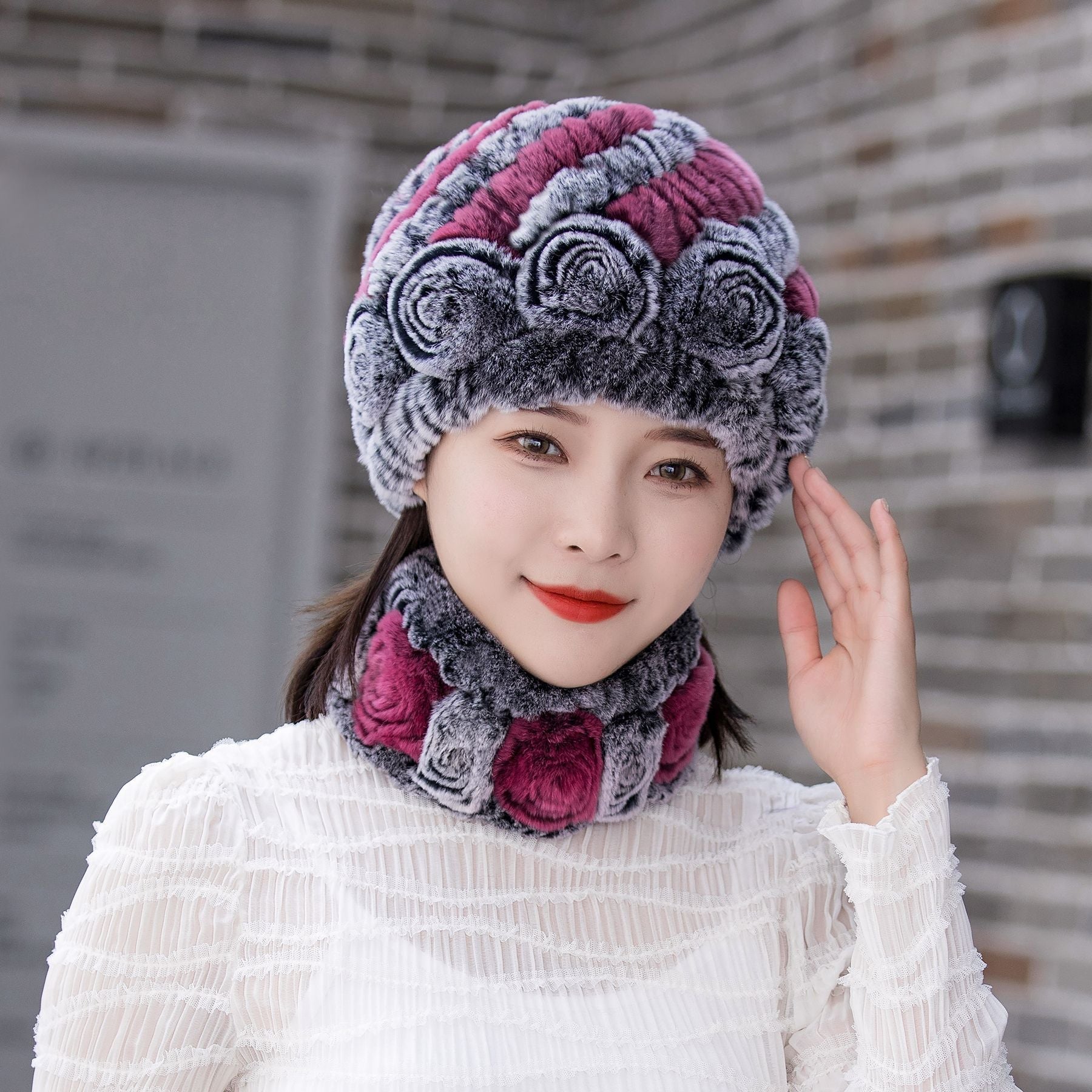 HOOR Winter Warm Fur Hat Scarf Black Frost Concubine Hat And Scarf Free Size