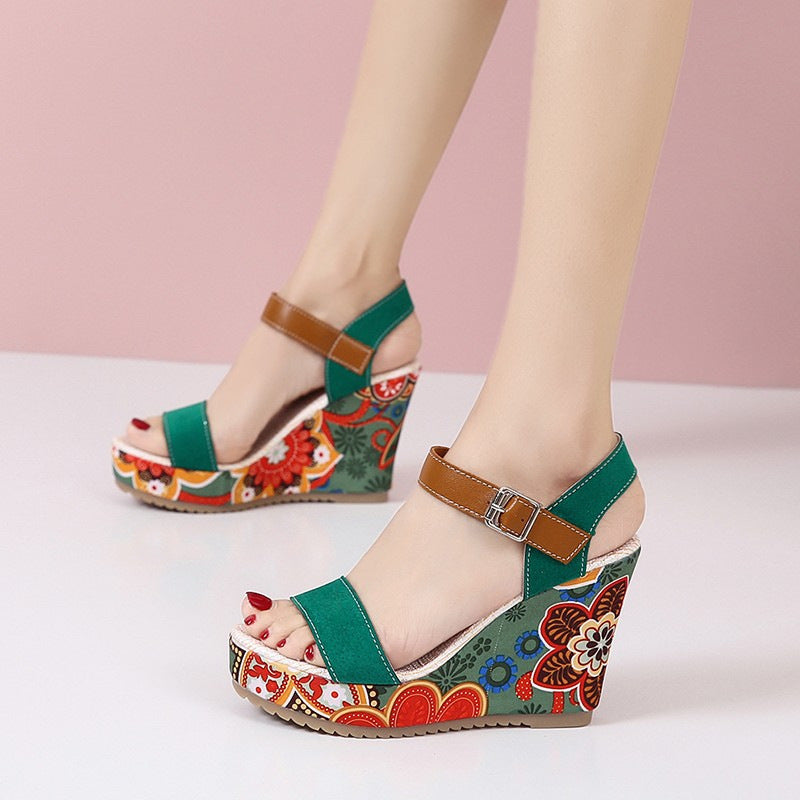 Embroidered High Wedge Sandals - Premium  from HOOR 