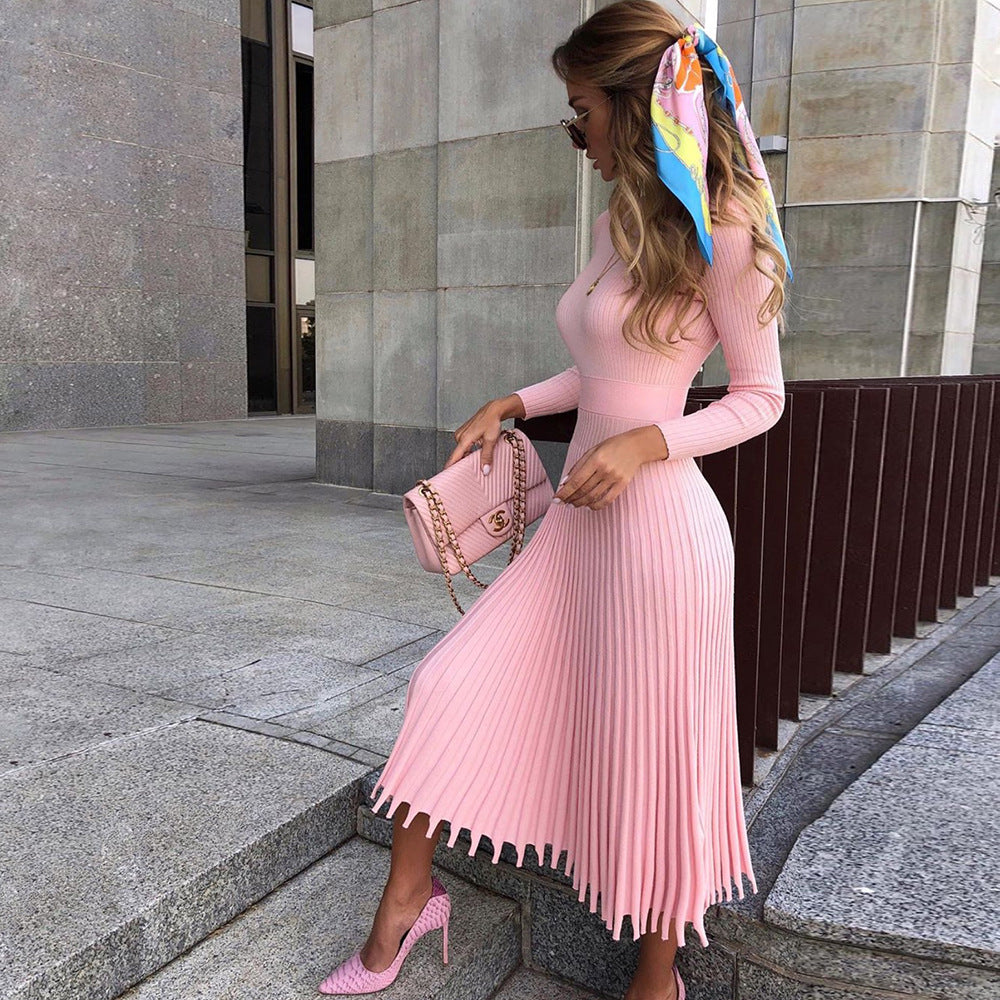 HOOR Knit Pleated Dress Pink