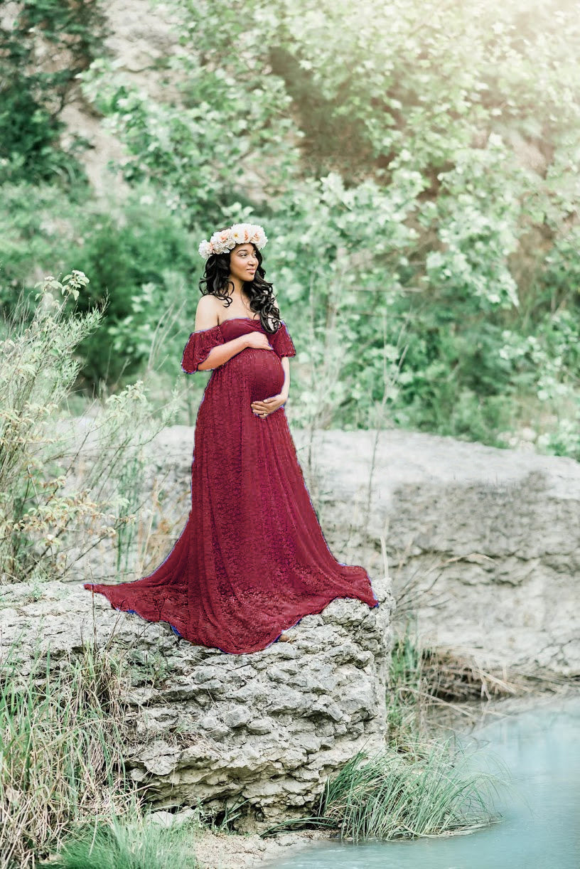 HOOR Lace pregnant Dress Wine Red