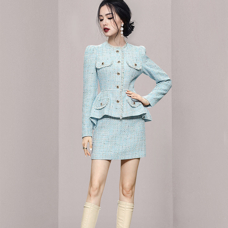 HOOR Coat Slim Skirt Dress Light Blue