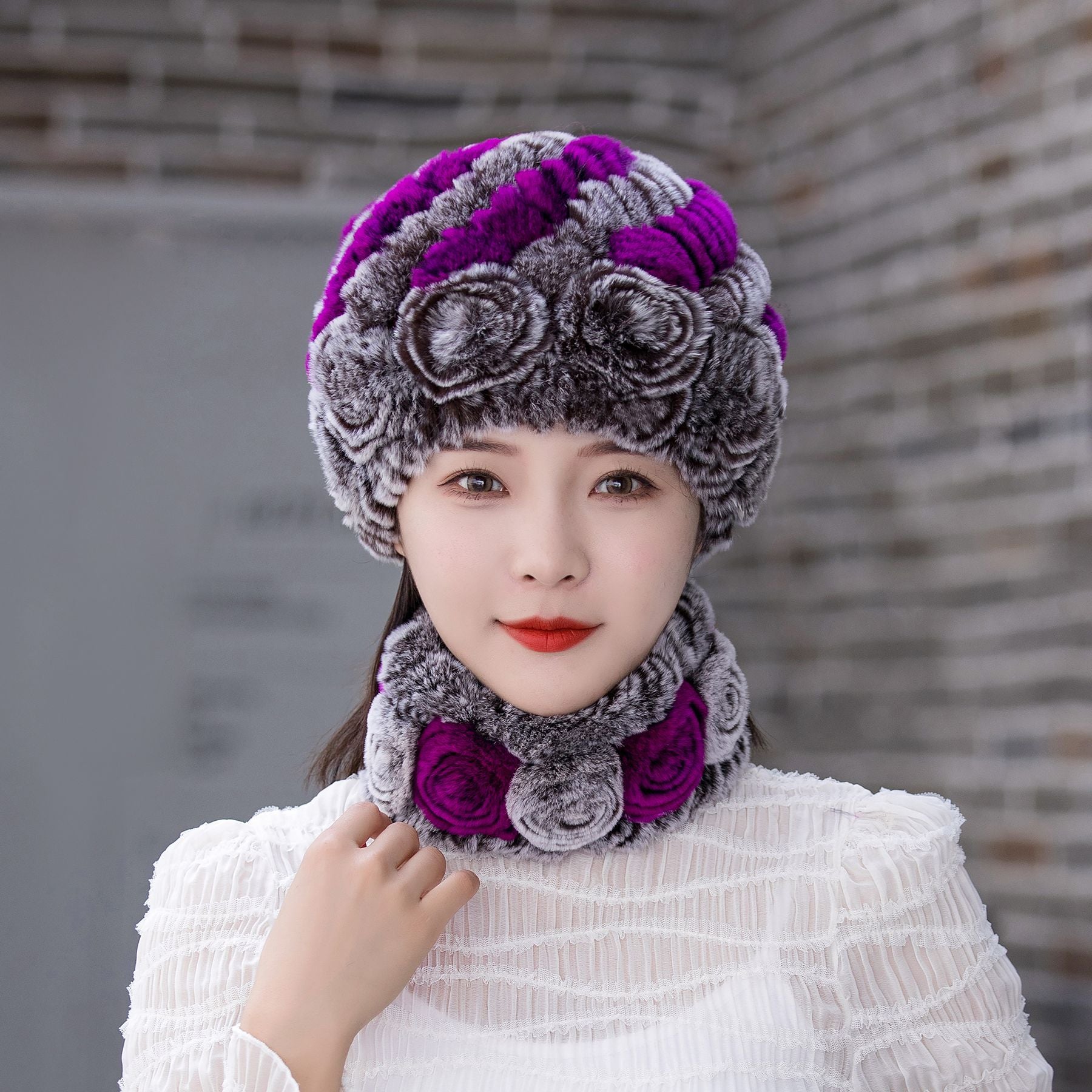 HOOR Winter Warm Fur Hat Scarf Coffee Cream Purple Hat And Scarf Free Size