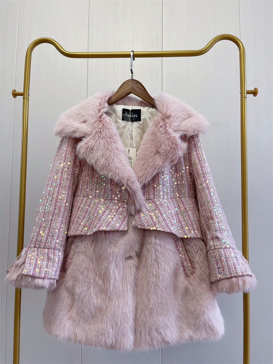HOOR Sequins Wool Fur Coat Pink