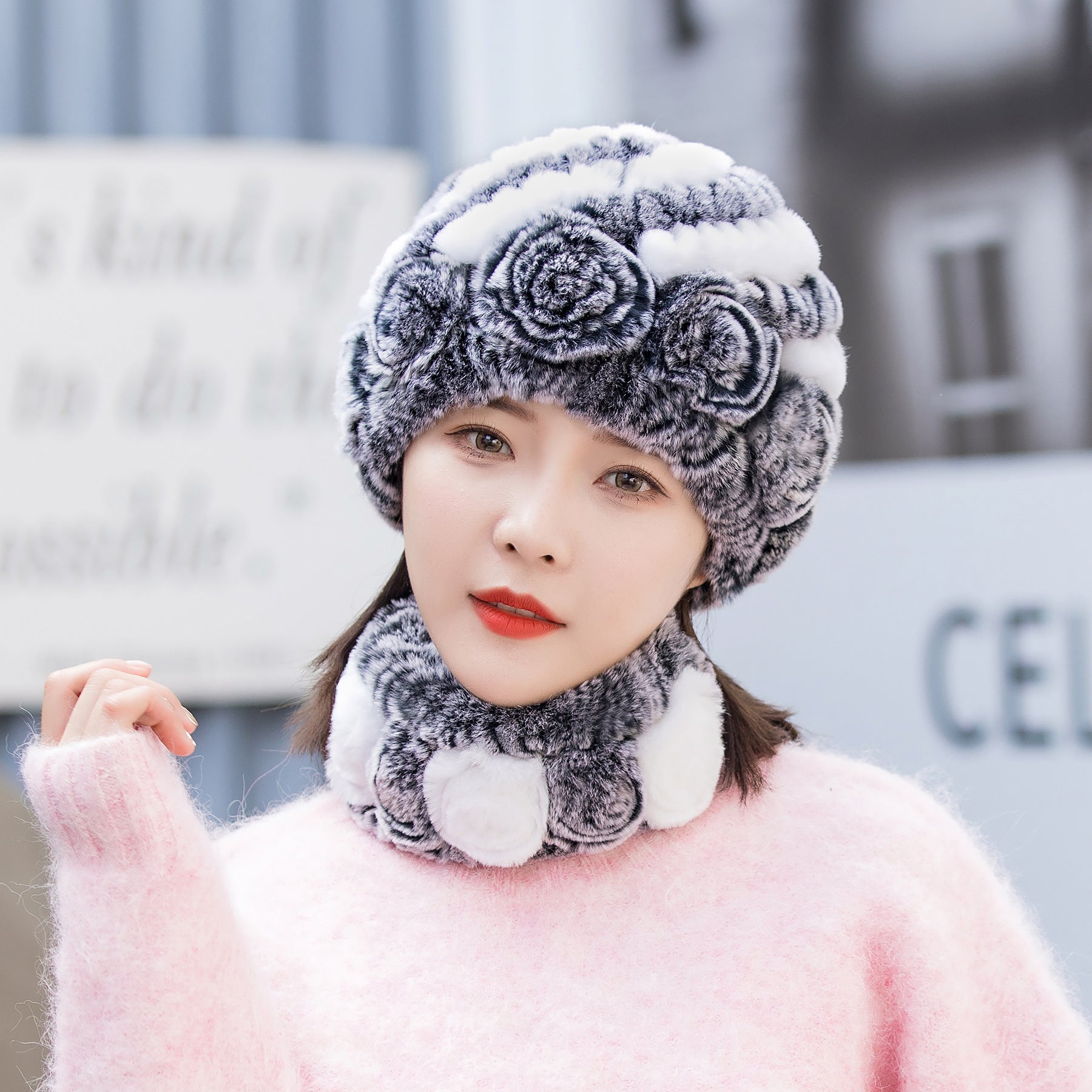 HOOR Winter Warm Fur Hat Scarf Black Cream White Hat And Scarf Free Size
