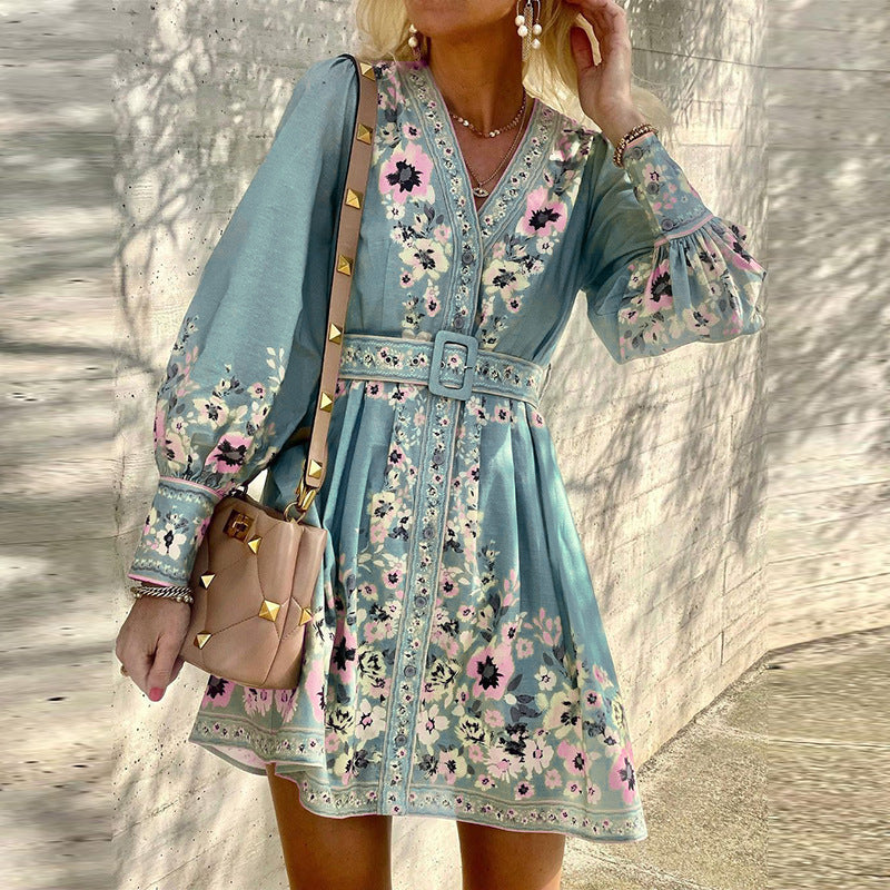 HOOR Printed Boho Dress Sky Blue