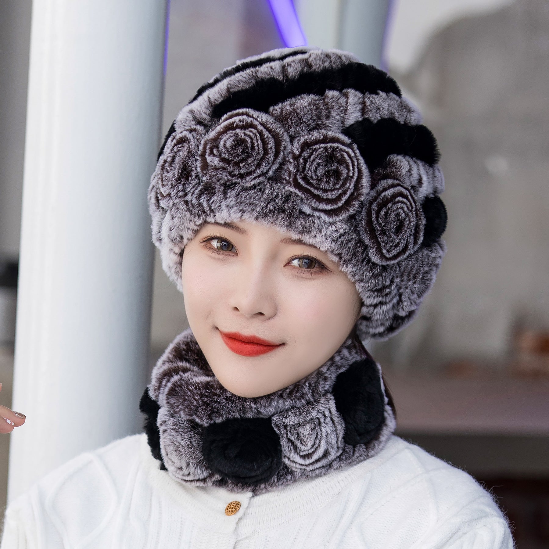HOOR Winter Warm Fur Hat Scarf Coffee Cream Black Hat And Scarf Free Size