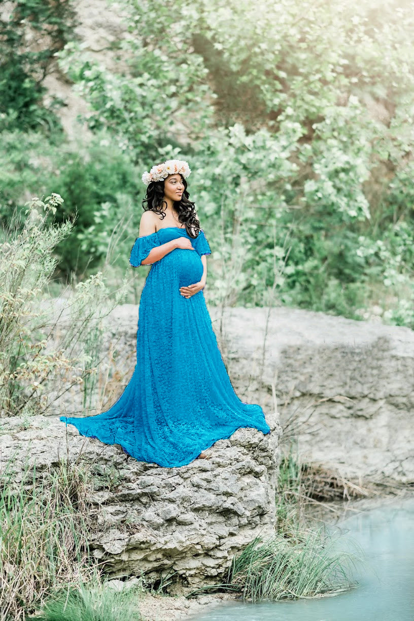 HOOR Lace pregnant Dress Lake Blue