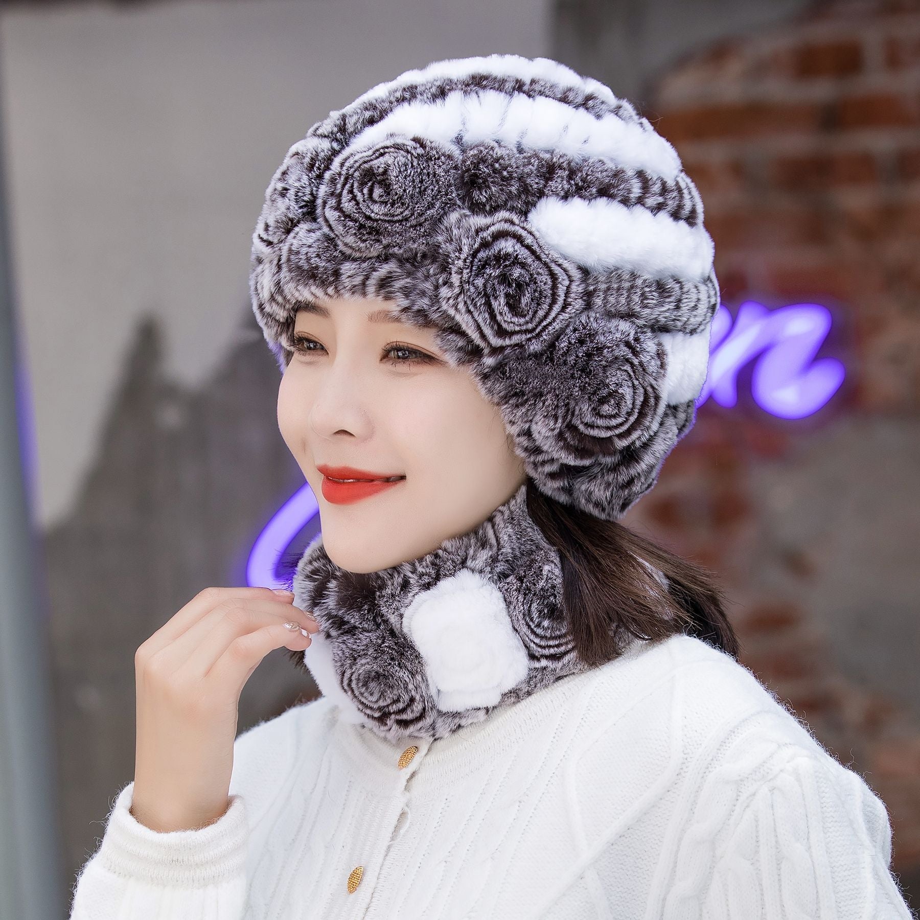 HOOR Winter Warm Fur Hat Scarf Coffee Frost White Hat And Scarf Free Size