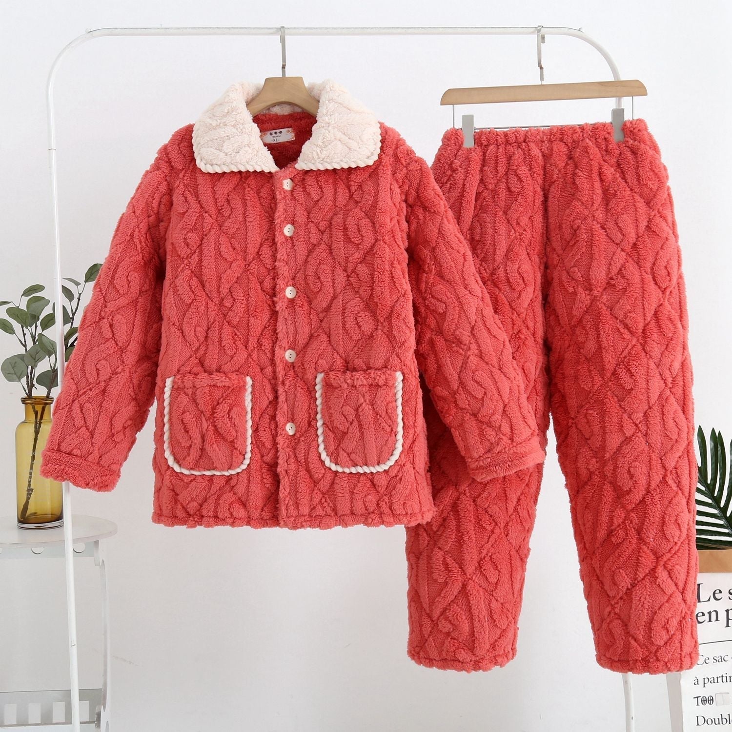 HOOR Thickened warm Nightsuit Jacquard Red