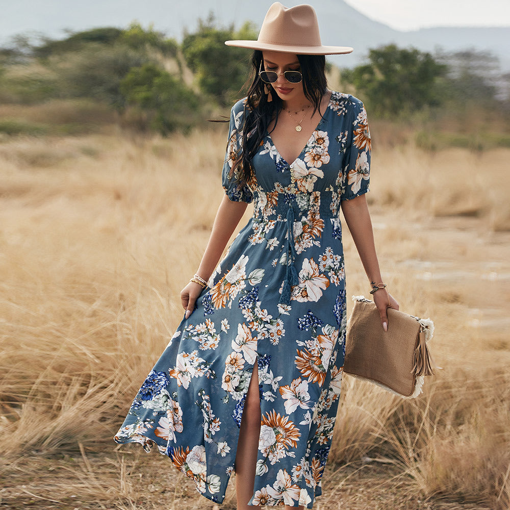 HOOR Floral With V Neck Dress Blue