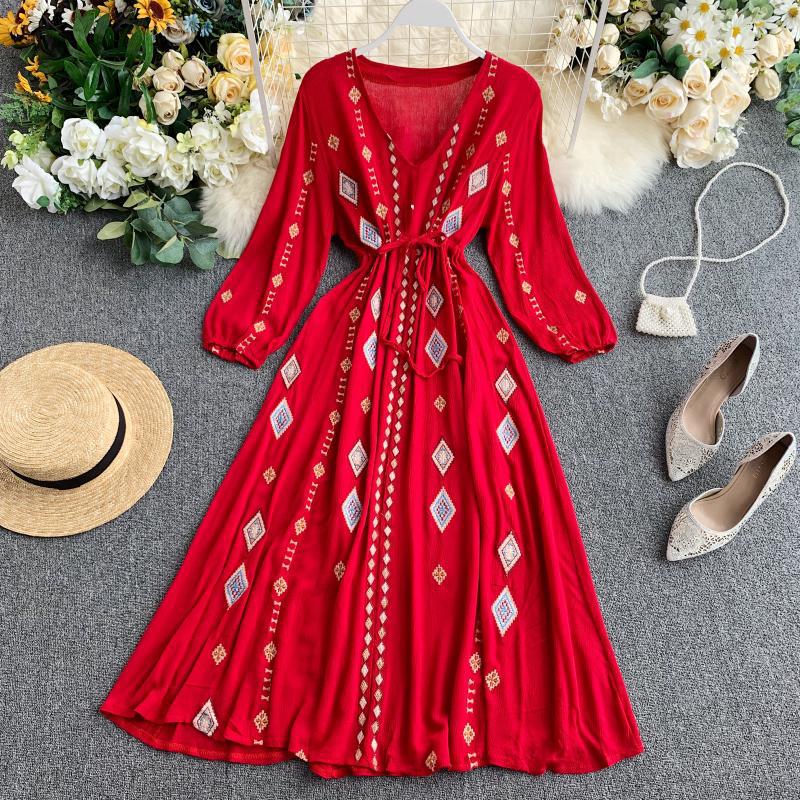 HOOR Embroidery Dress Red One size