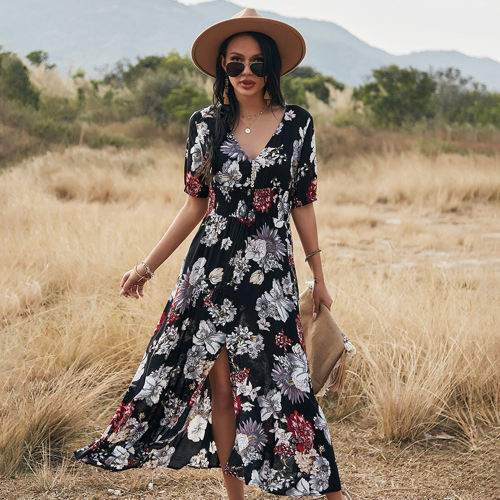 HOOR Floral With V Neck Dress Black