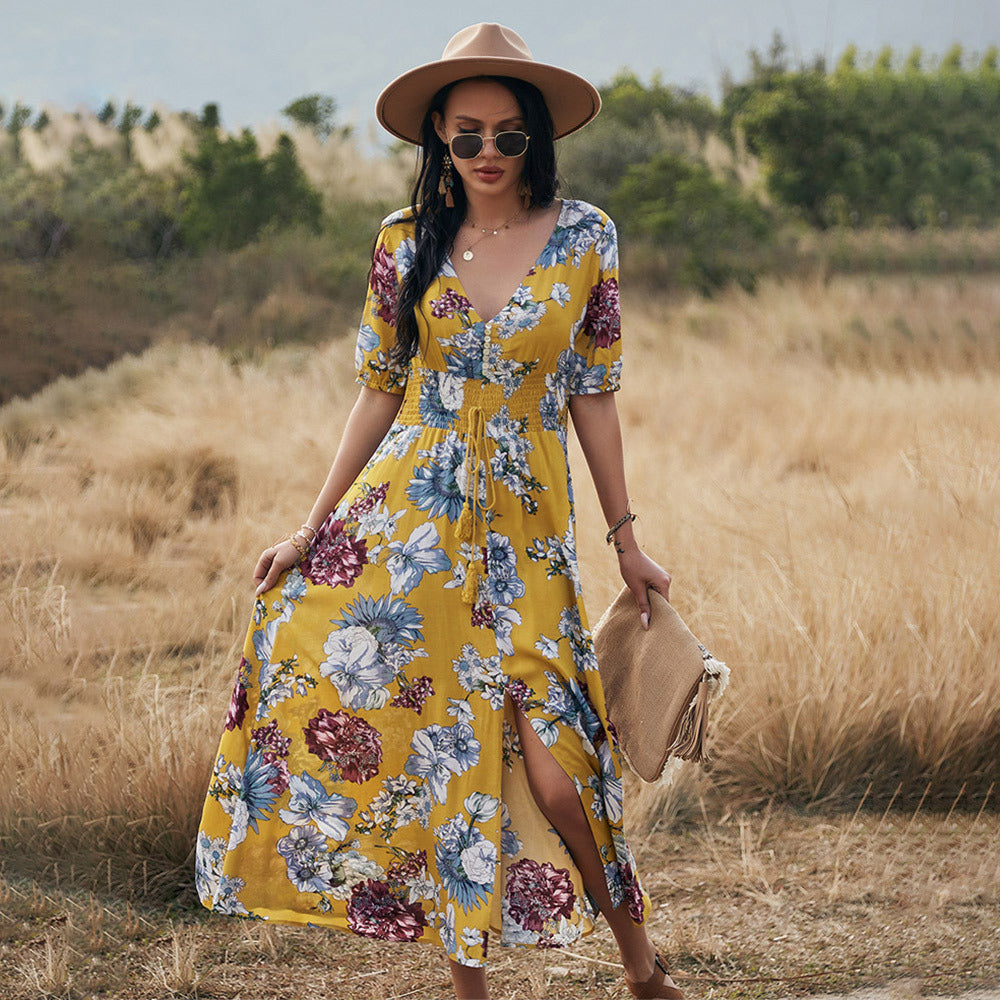 HOOR Floral With V Neck Dress Yellow