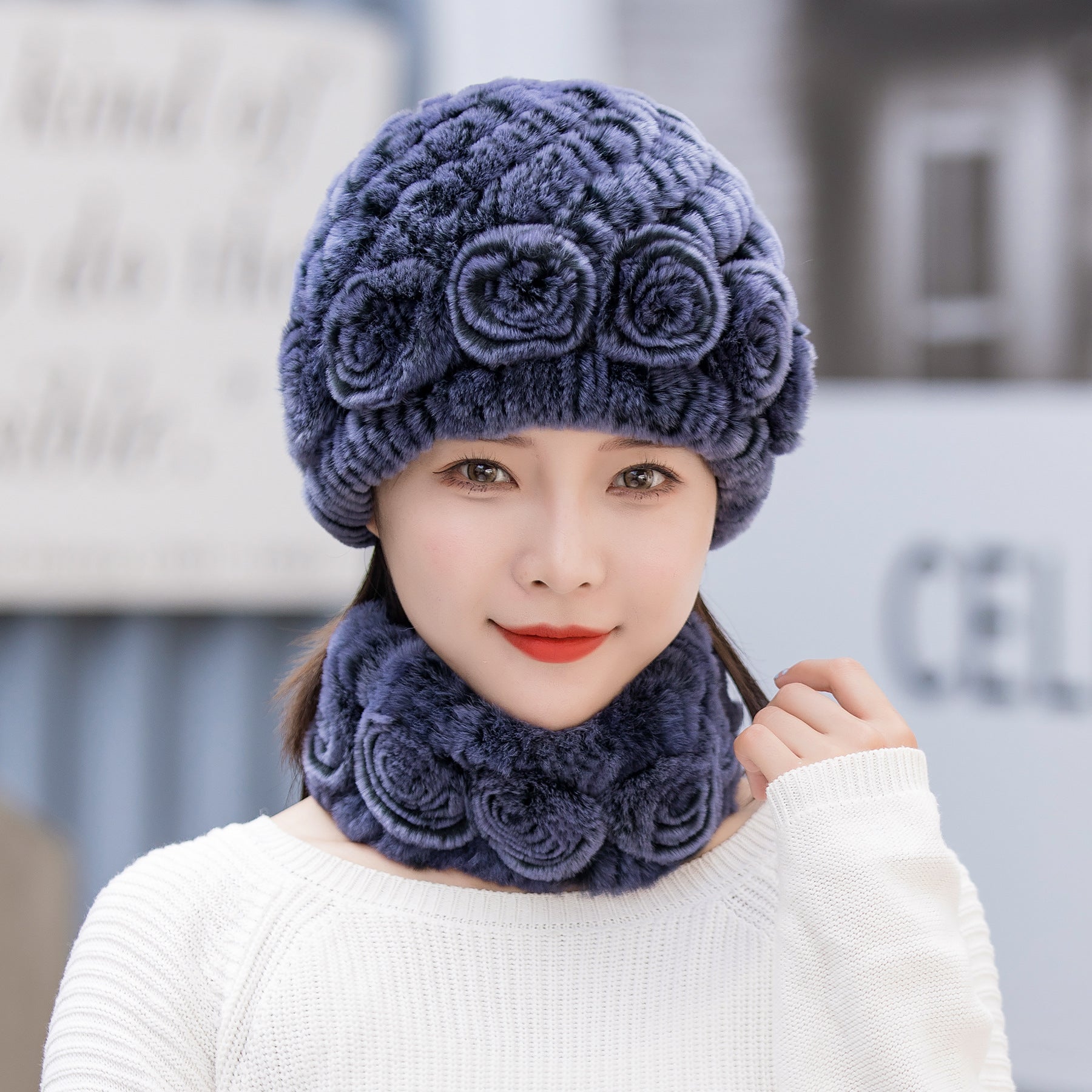 HOOR Winter Warm Fur Hat Scarf Denim Blue Hat And Scarf Free Size