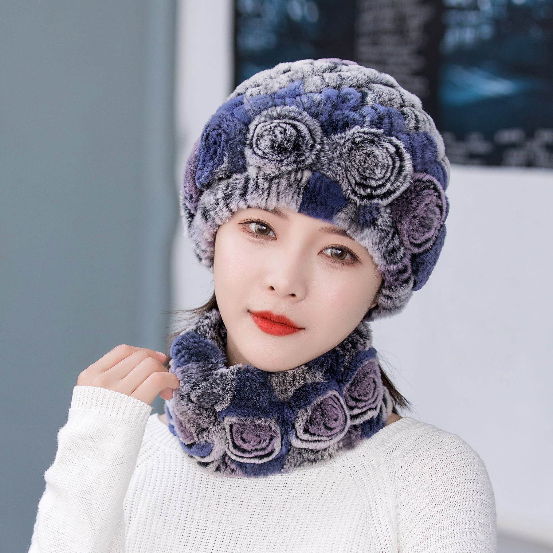 HOOR Winter Warm Fur Hat Scarf Dream Blue Hat And Scarf Free Size