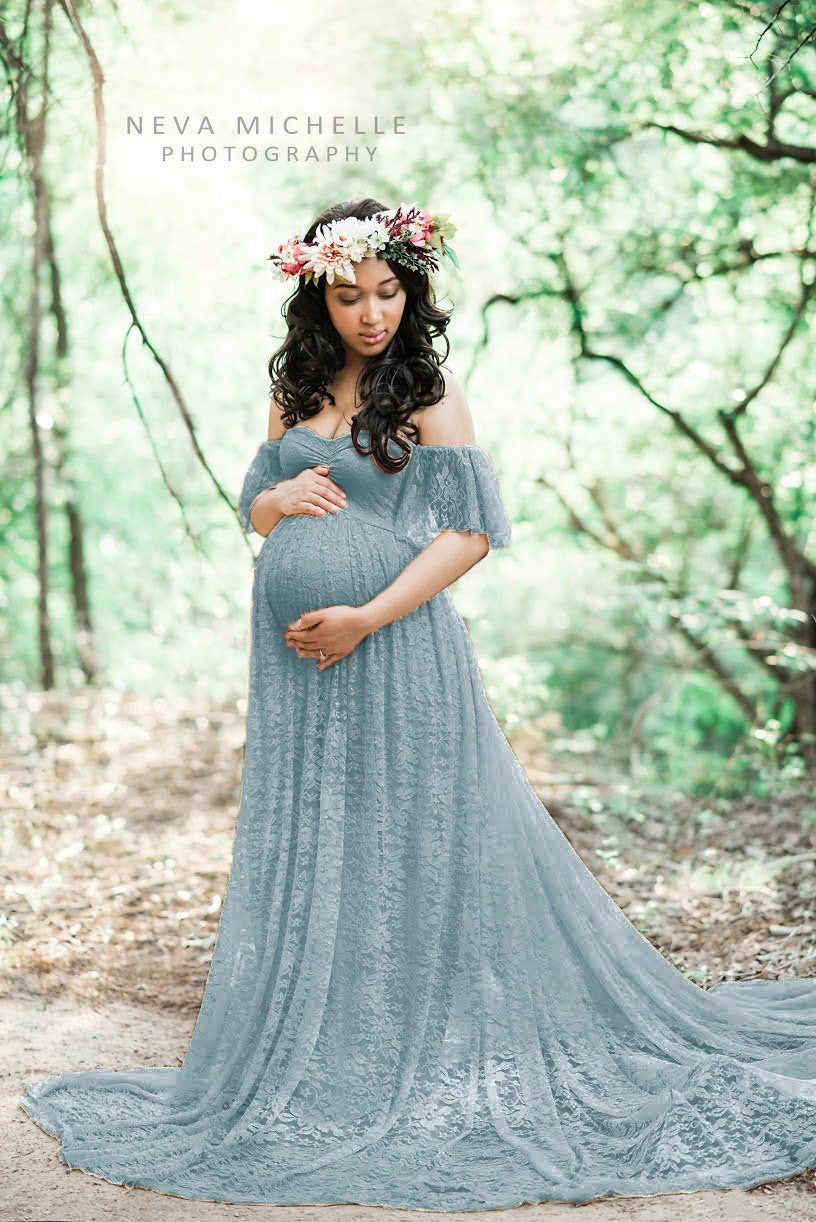 HOOR Lace pregnant Dress Light Blue