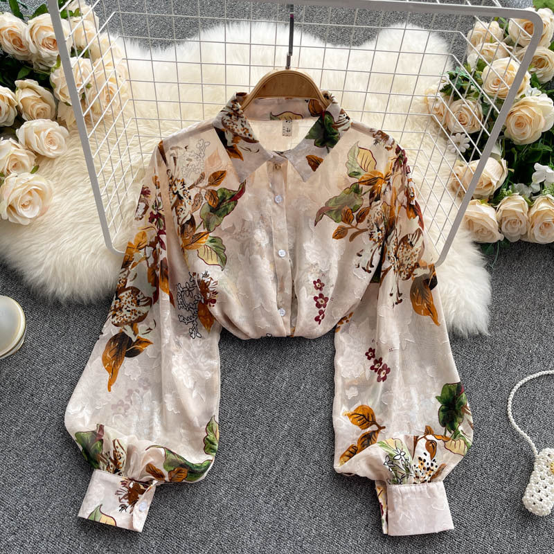 HOOR Long Sleeve Printed Shirt Green leaves on apricot base One size