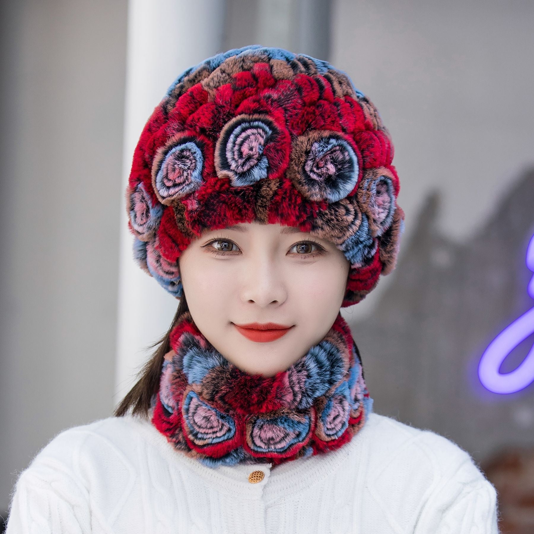 HOOR Winter Warm Fur Hat Scarf Colorful Red Hat And Scarf Free Size