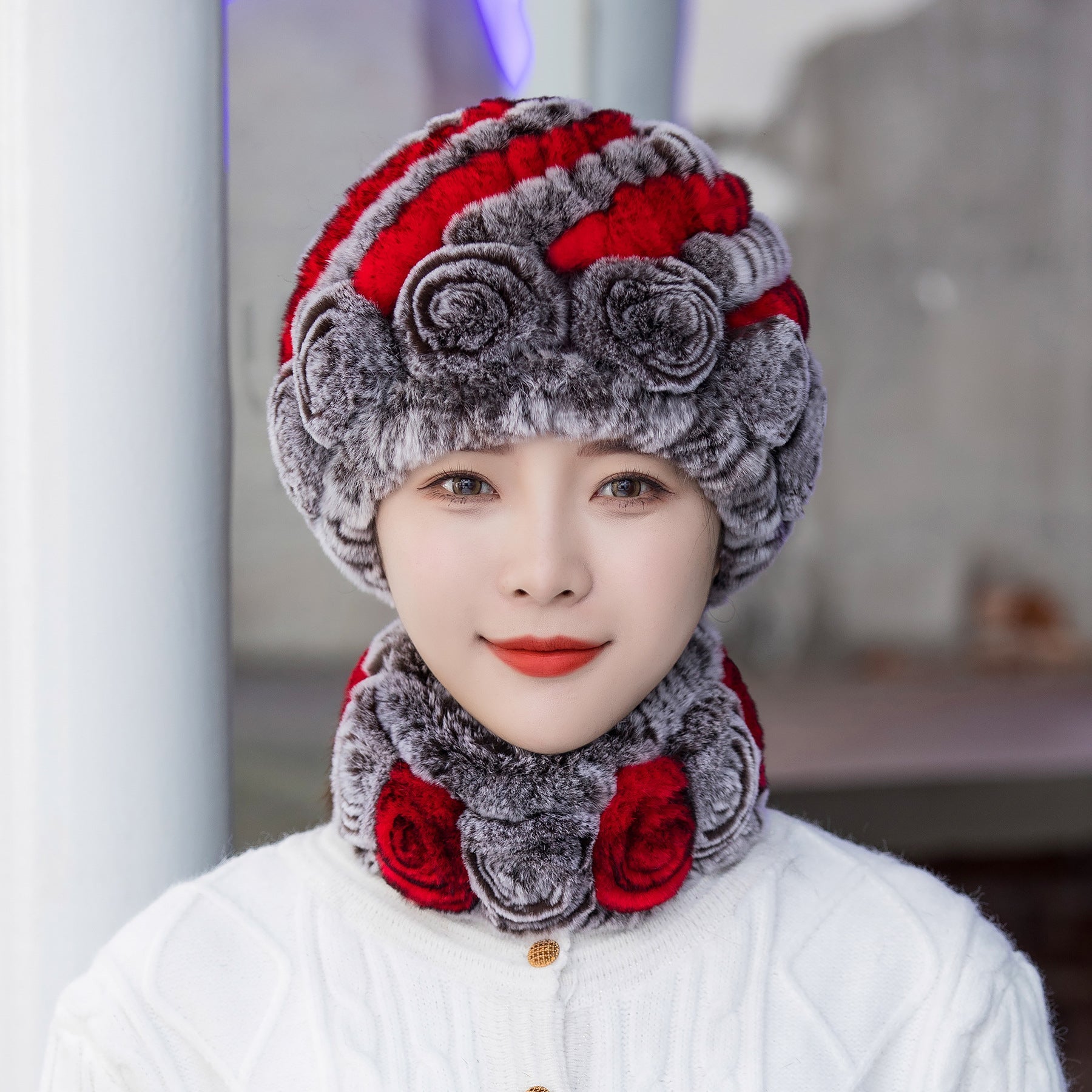 HOOR Winter Warm Fur Hat Scarf Coffee Frost Red Hat And Scarf Free Size