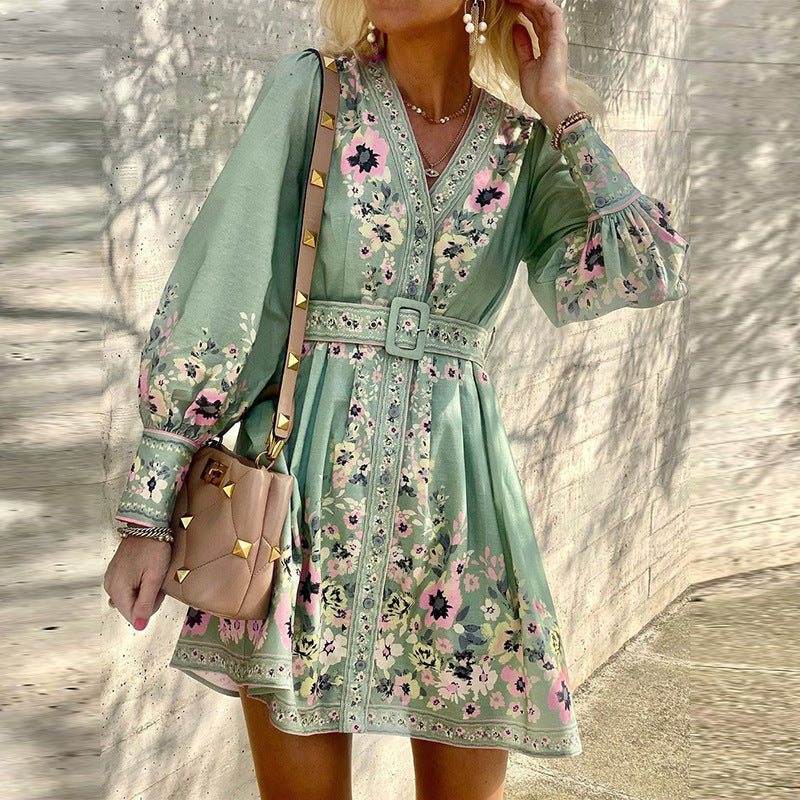 HOOR Printed Boho Dress Light green