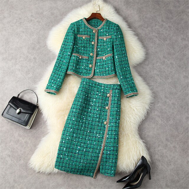 HOOR Winter Tweed Dress Set Green L
