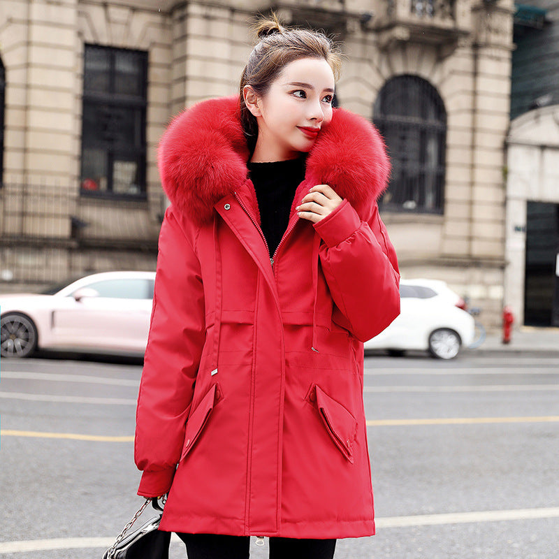 HOOR Fur Collar Thicken Coat Red