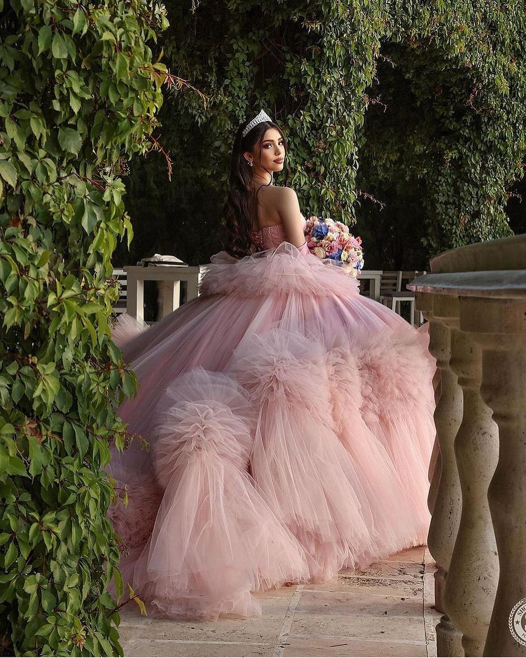 HOOR Pink Princess Ruffles Prom Gown