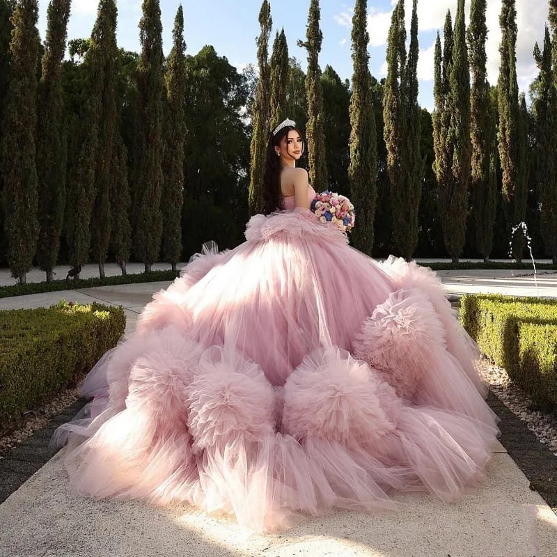 HOOR Pink Princess Ruffles Prom Gown