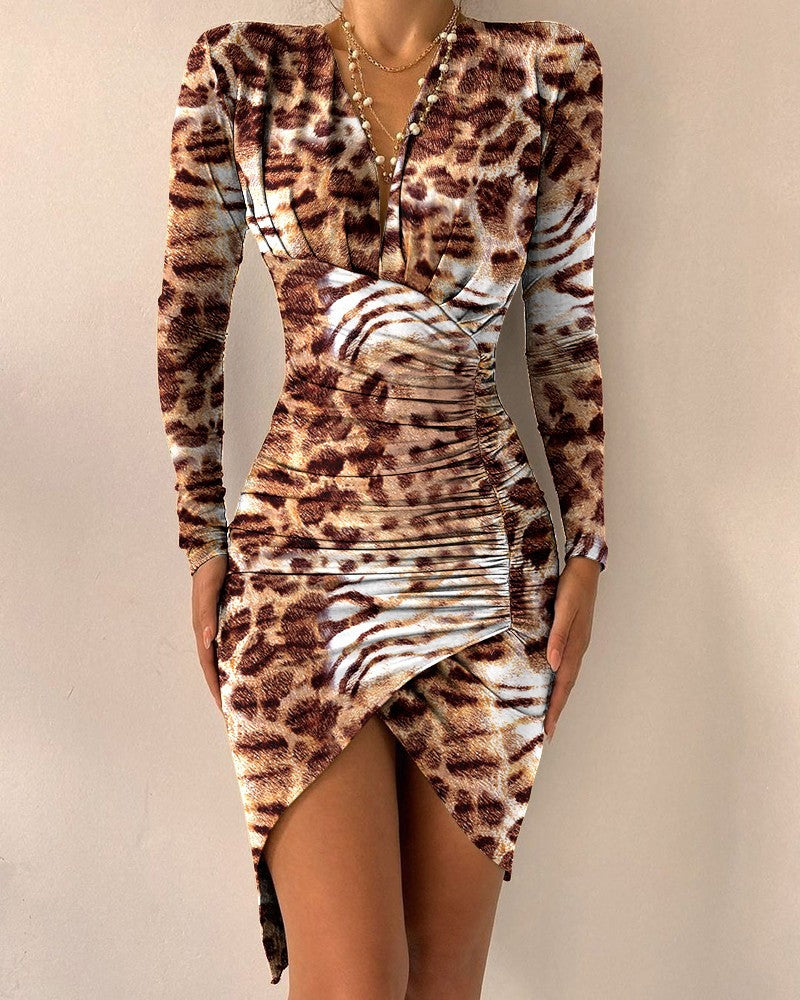 HOOR Printed Tight Split Dress Golden Leopard Print