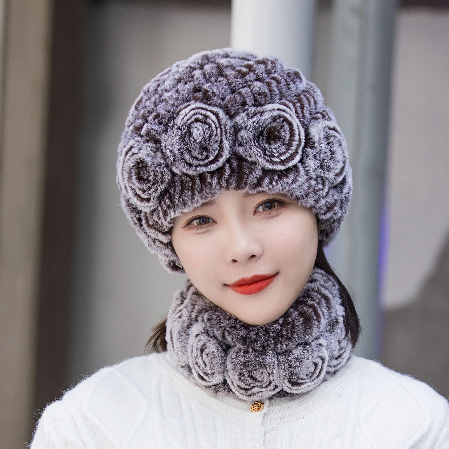 HOOR Winter Warm Fur Hat Scarf Coffee Frost Color Hat And Scarf Free Size