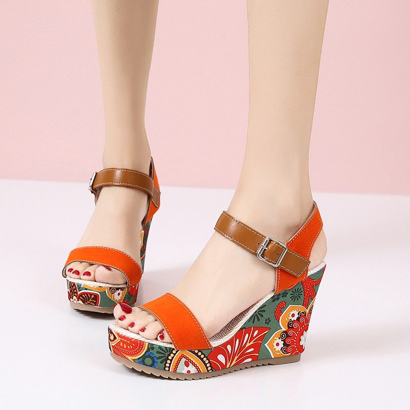 Embroidered High Wedge Sandals - Premium  from HOOR 