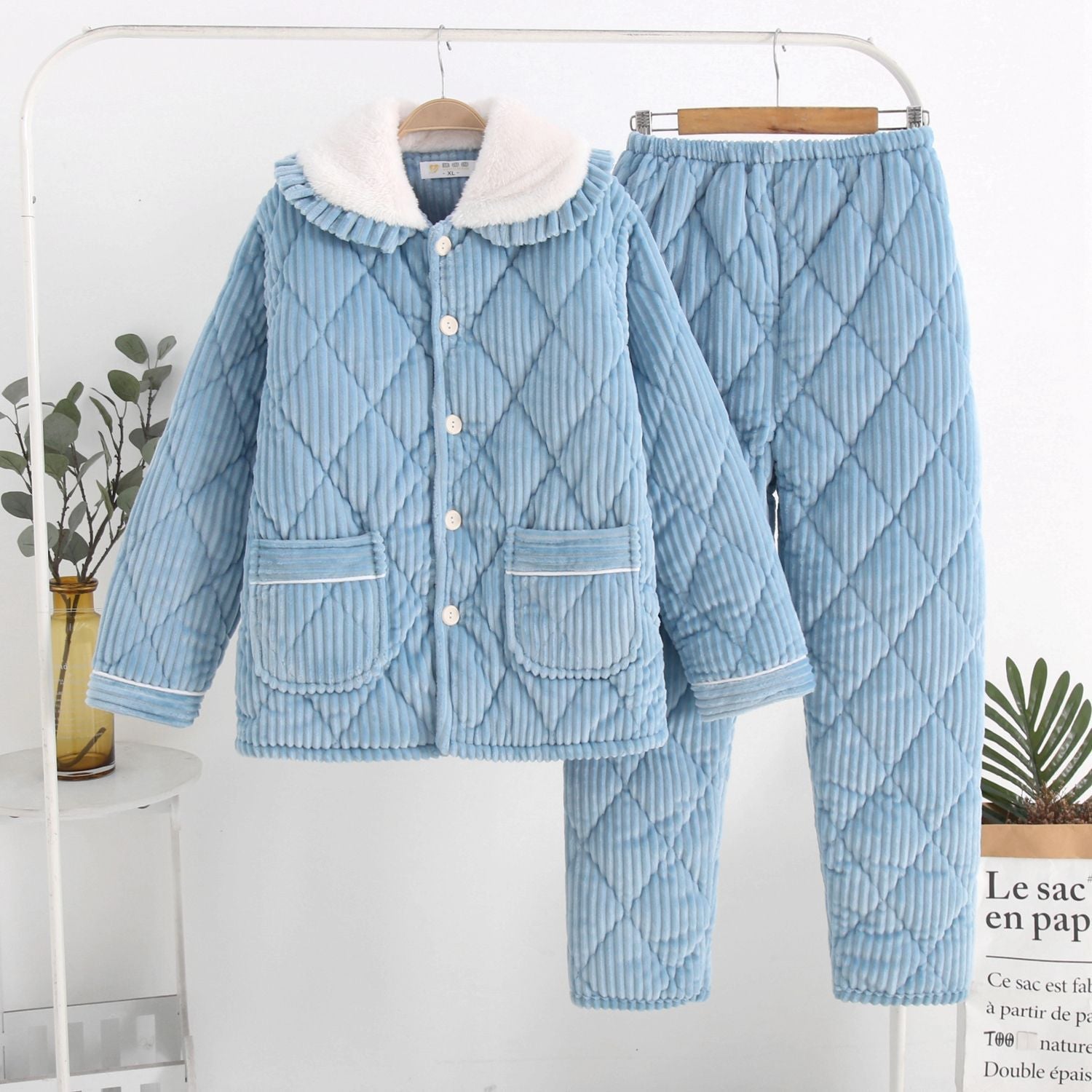 HOOR Thickened warm Nightsuit Blue Striped Fur Collar A