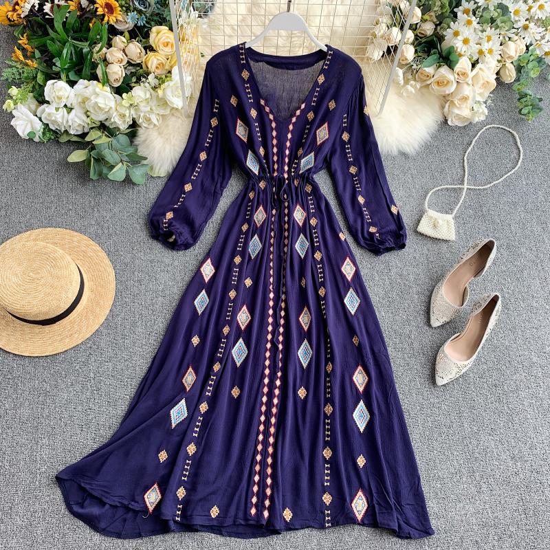 HOOR Embroidery Dress Dark Blue One size