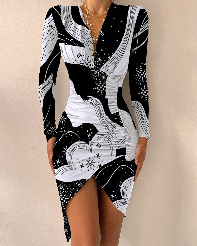 HOOR Printed Tight Split Dress Black And White