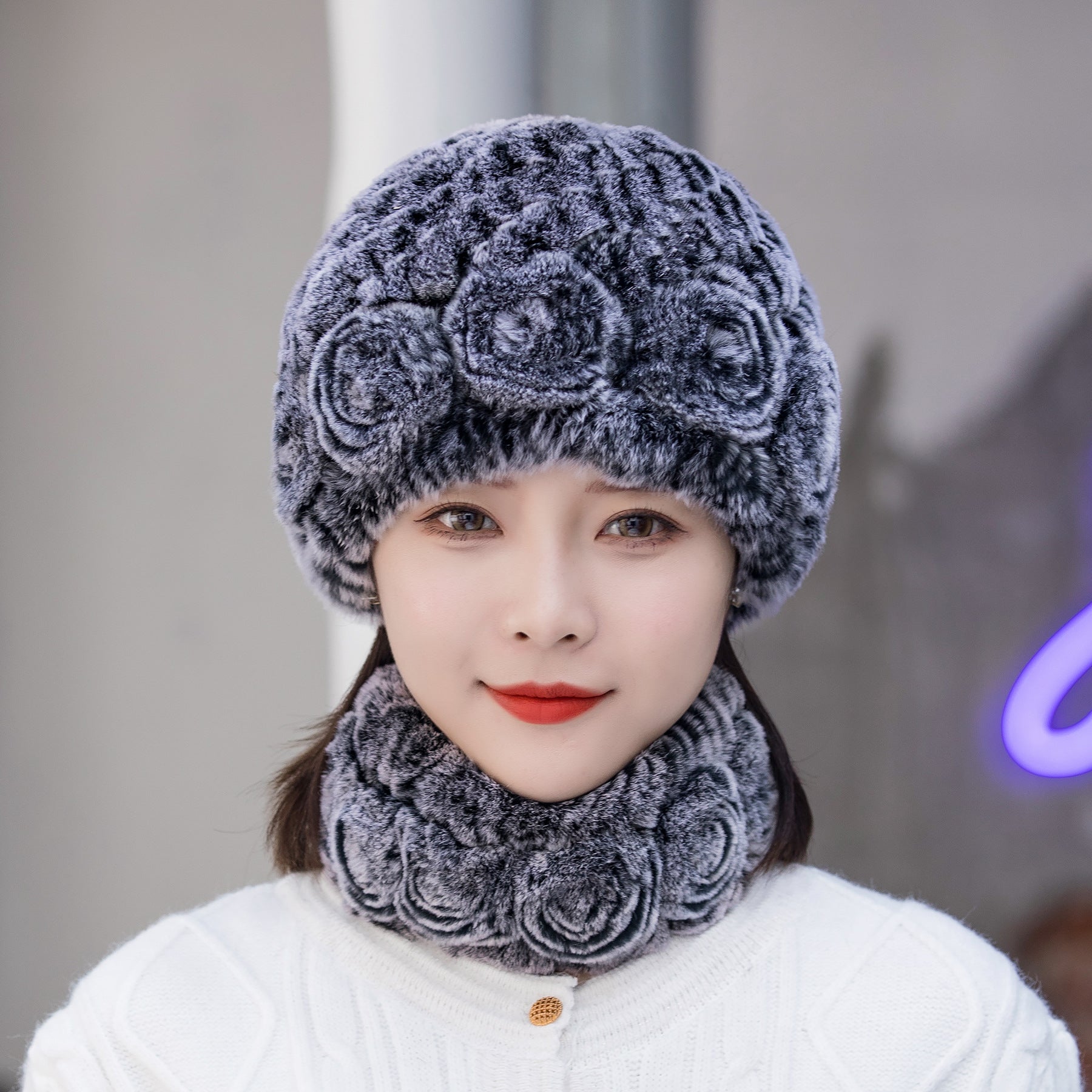 HOOR Winter Warm Fur Hat Scarf Frosty Black Hat And Scarf Free Size