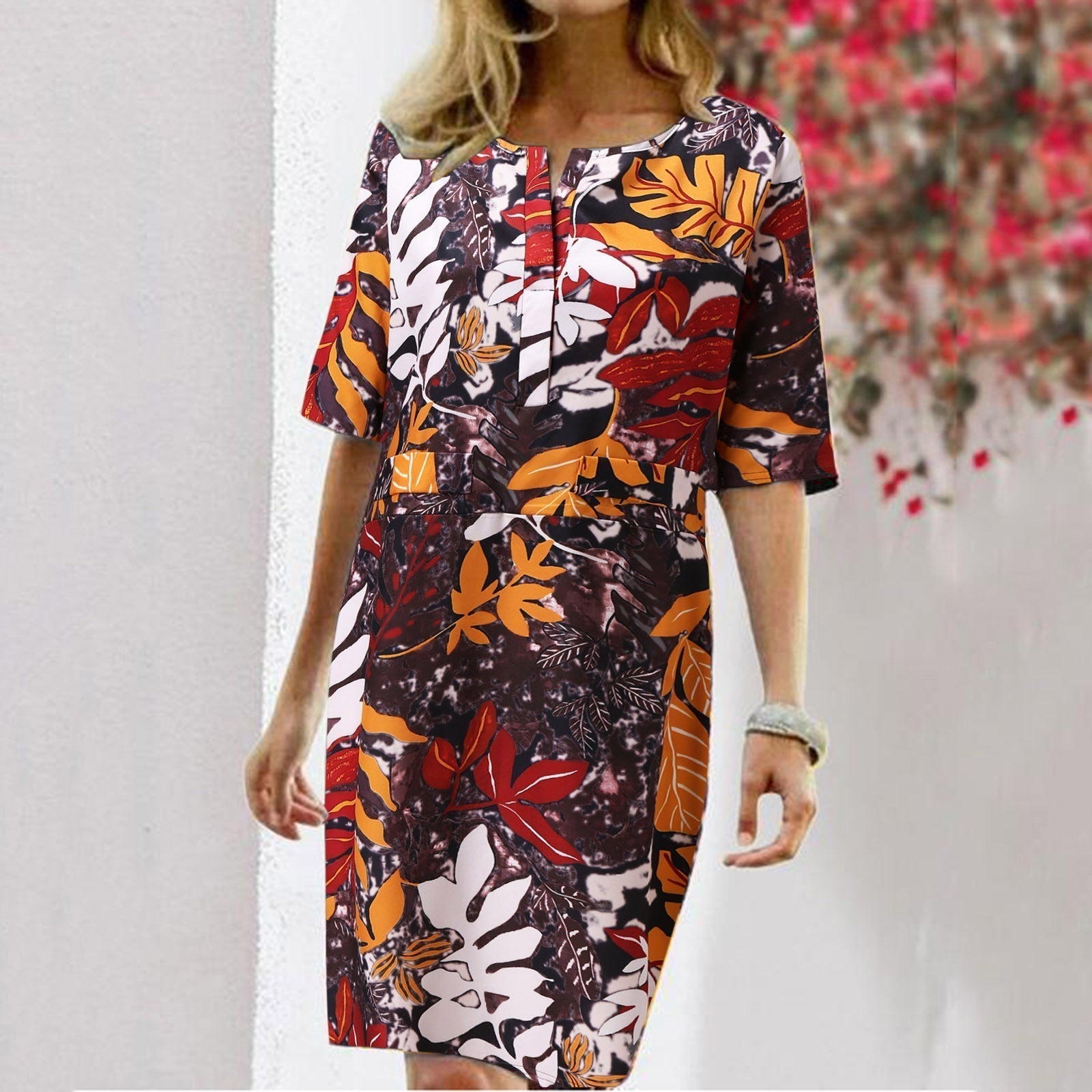 HOOR Floral Leaf Print Dress Coffee