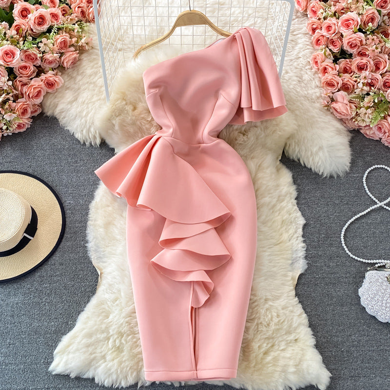 HOOR Ruffled Slanted Dress Pink