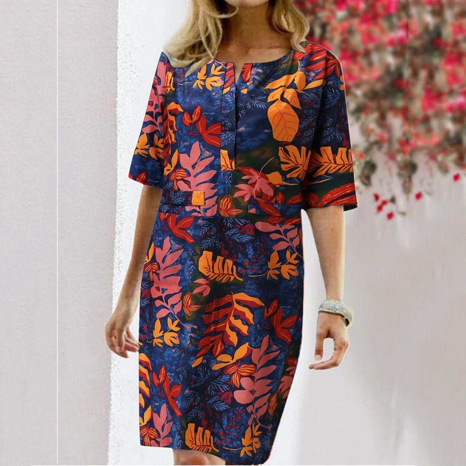 HOOR Floral Leaf Print Dress Blue