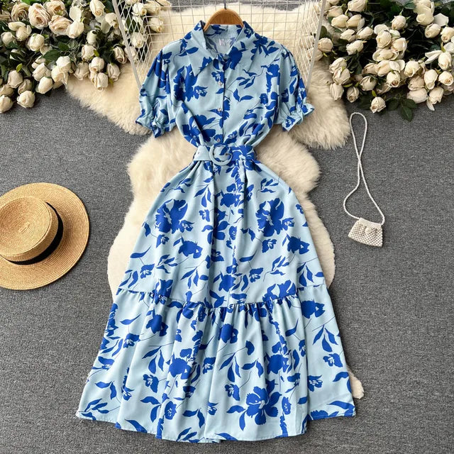 HOOR Elegant Floral Dress Blue One Size