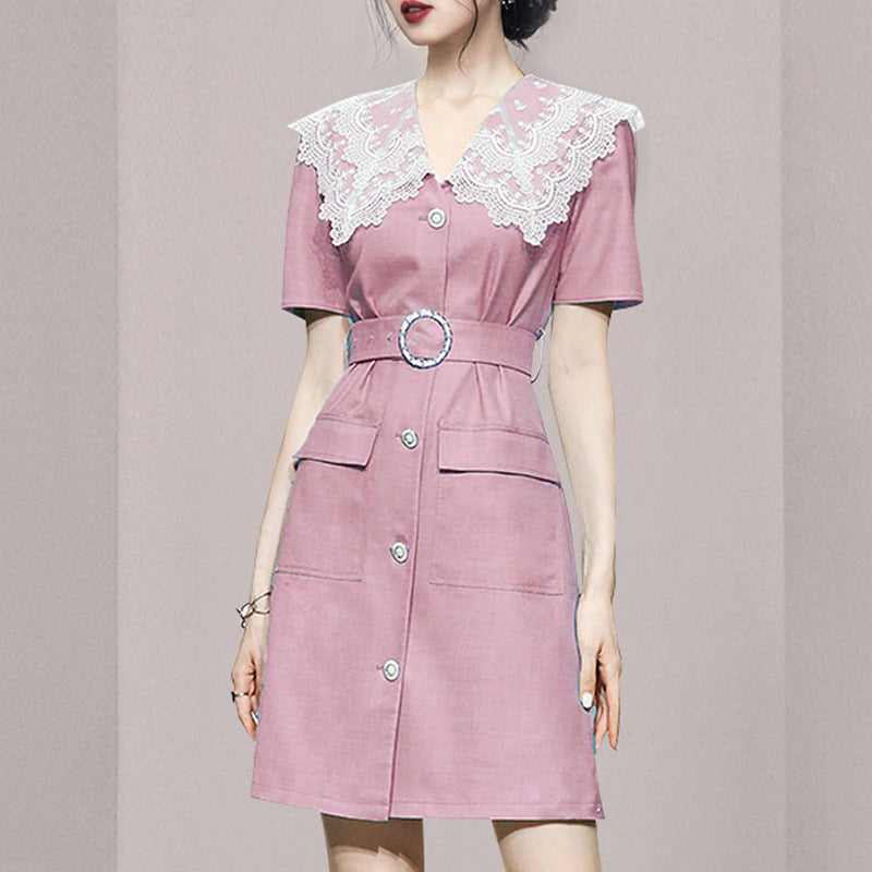 HOOR Lace Collar Mini Dress Pink