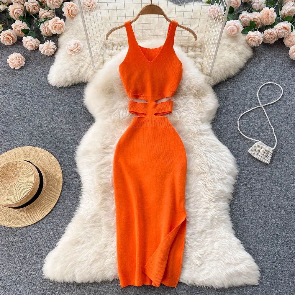 HOOR Sexy Waist Bodycon Dress Orange One Size