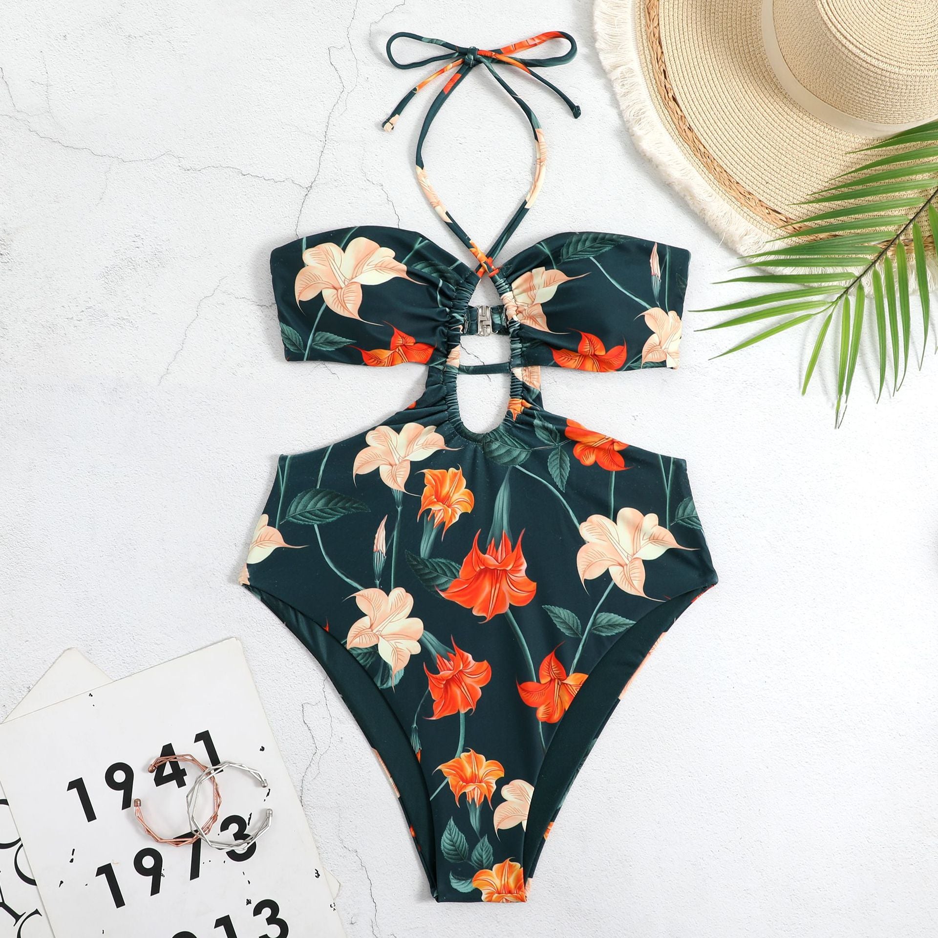 HOOR Pump Pleat Swimsuit Green Flower Jumpsuit