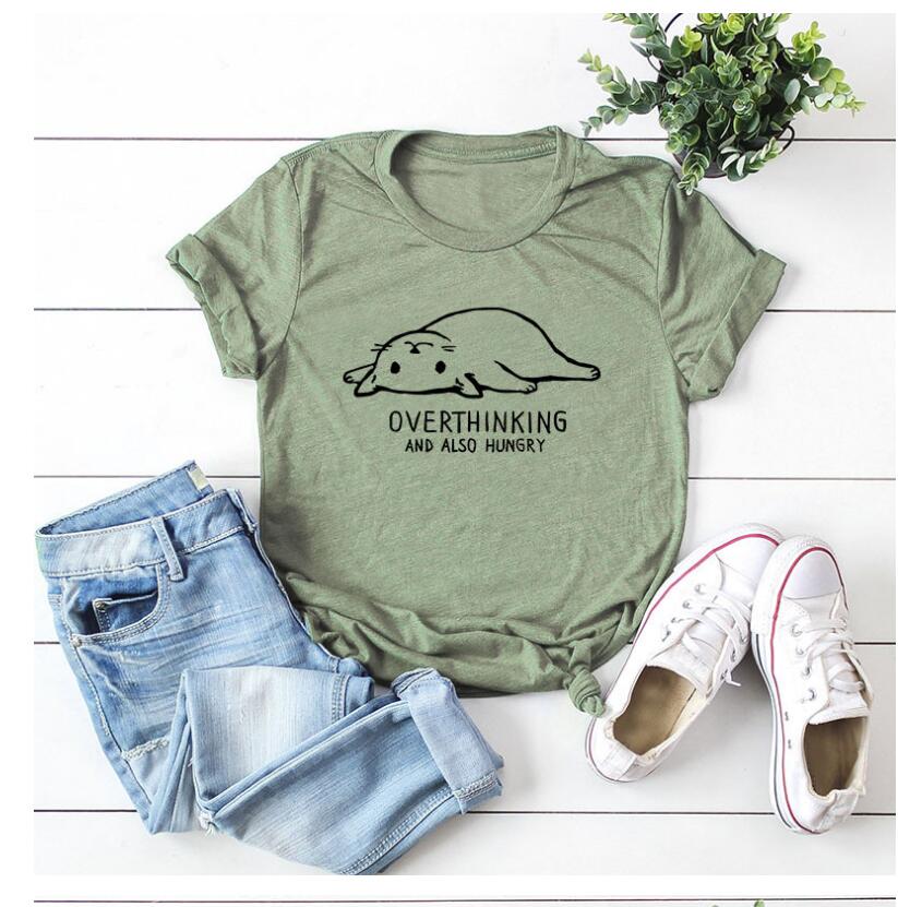 HOOR Cute Cat T-Shirt Army Green